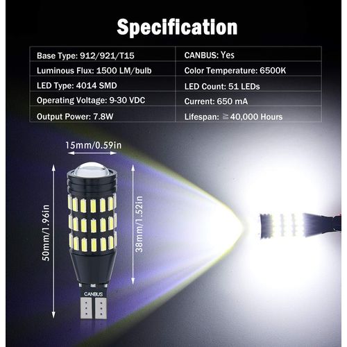 BRISHINE 1500 Lumens Extremely Bright Canbus Error Free 921 912 906 904 T15 W16W LED Bulbs 51-SMD 4014 LED Chipsets with Projector for Backup Reverse Lights, 6500K Xenon White (Pack of 2)