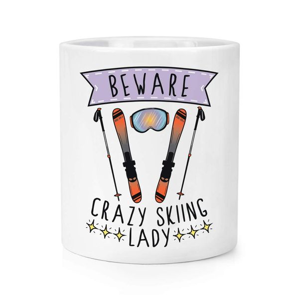 Beware Crazy Skiing Lady Makeup Brush Pencil Pot