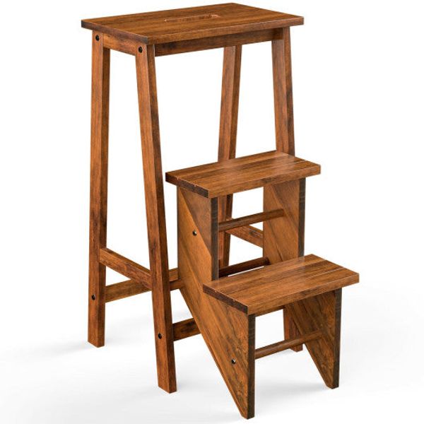 3-in-1 Rubber Wood 3 Tier Folding Step Stool Ladder Storage Shelf-Coffee