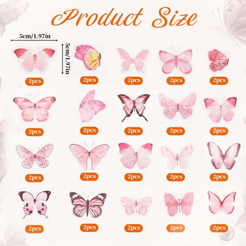 Pack of 40 Pink Transparent Decals Butterfly, Pink Transparent Scrapbook Stickers, 20 Styles Self-Adhesive Decoration for Photo Album, Laptop, Mobile Phone, Wall, Scrapbook Wall and Windows