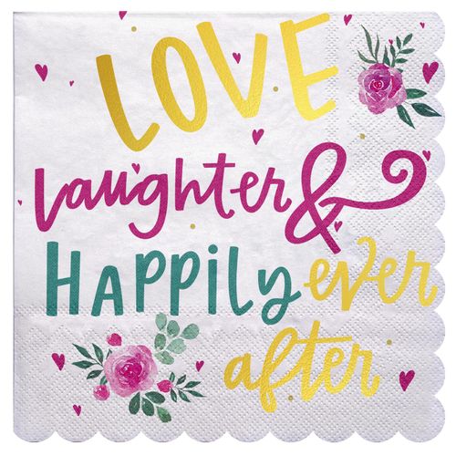 LeZakaa 50Pcs Wedding Napkins-“Love,Laughter,Happily Ever After”Lettering Gold Foil Design 3 Ply Disposable Paper Napkin Bridal Shower Tableware Party Supplies for Wedding, Engagement-6.5x6.5" Folded