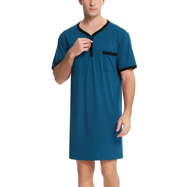 Enjoyoself Herren Nachthemd Kurzarm Rundhals Schlafanzugoberteil Weich Baumwolle Sleepshirt mit Knopfleiste Lufitg Schlafanzug ohne Hosengummi Blau,M