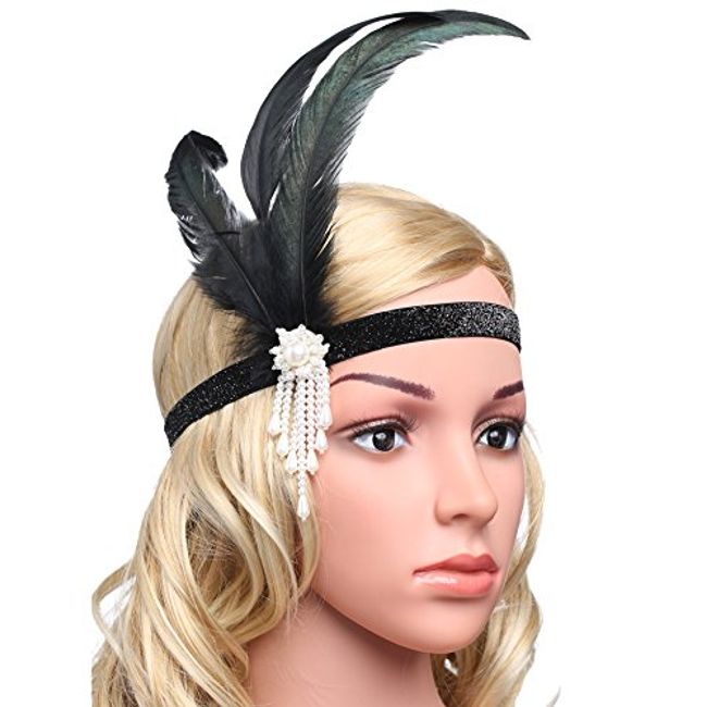  BABEYOND 1920s Flapper Headband Feather Beaded Headpiece  Roaring 20s Great Gatsby Hair Accessory for Party (Black) : Clothing, Shoes  & Jewelry
