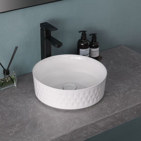 Bathroom Ceramic Vessel Sink Round Porcelain Basin Bowl Combo Set Pop up Drain