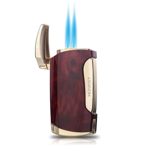 Torch Lighter Double Jet Flame Cigar Lighter with Cigar Punch Cutter (Brown Grain-E)