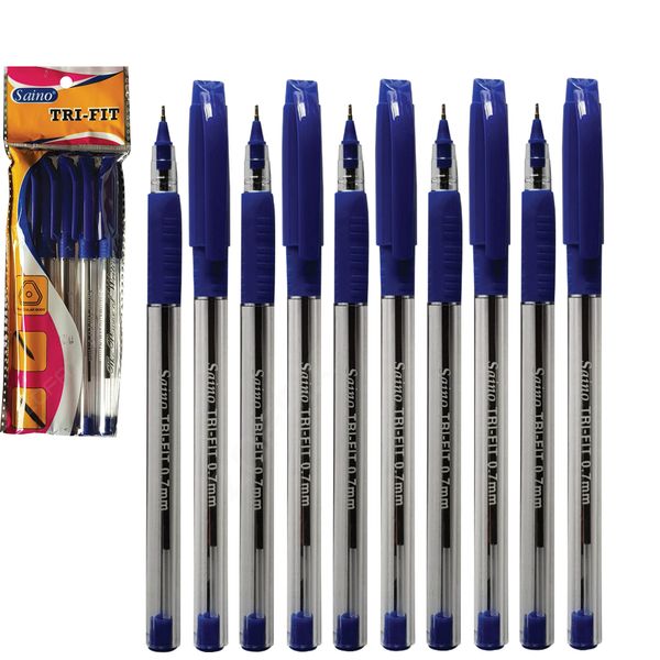 SAINO 10 x 0.7mm Tip Tri-Fit Triangular BLUE Ballpoint Pens Smooth Fine Writing