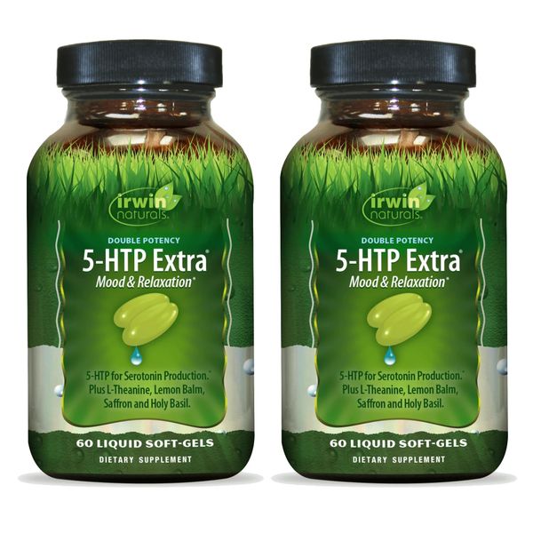 Irwin Naturals Double Potency 5-HTP Extra - 60 Liquid Soft-Gels, Pack of 2 - For Relaxation & Serotonin Production - 60 Total Servings