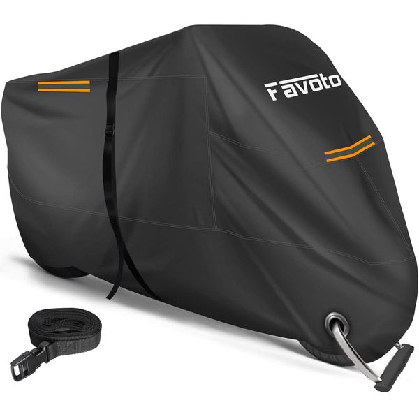 Favoto Motorcycle Cover, Waterproof, UV Protection, UV Protection, High Windproof, Dustproof, Rainproof, Snowproof, Includes One-Touch Buckle, Reflective Tape, 8.6 ft (2.5 m) Windproof Belt, Durable, Anti-theft, Storage Bag Included (86.6 x 41.3 x 49.2 in