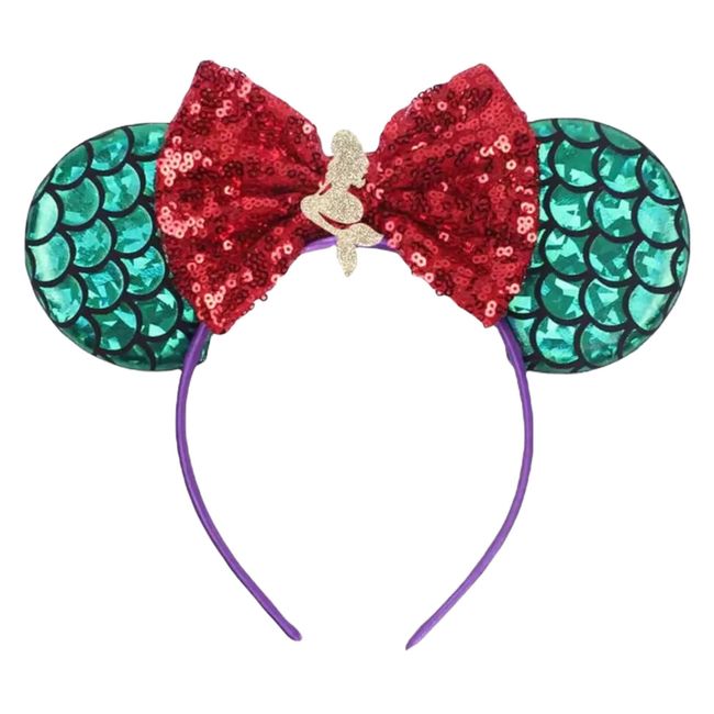 Ariel Little Mermaid Sequin Minnie Mouse Inspired Alice Headband With Big 5" Sequin Top Bow Handmade