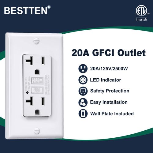 BESTTEN 10 Pack 20 Amp GFCI Outlet, GFI Outlet with LED Indicator, Ground Fault Circuit Interrupter, Non-Tamper-Resistant, Wallplate Included, ETL Certified, White
