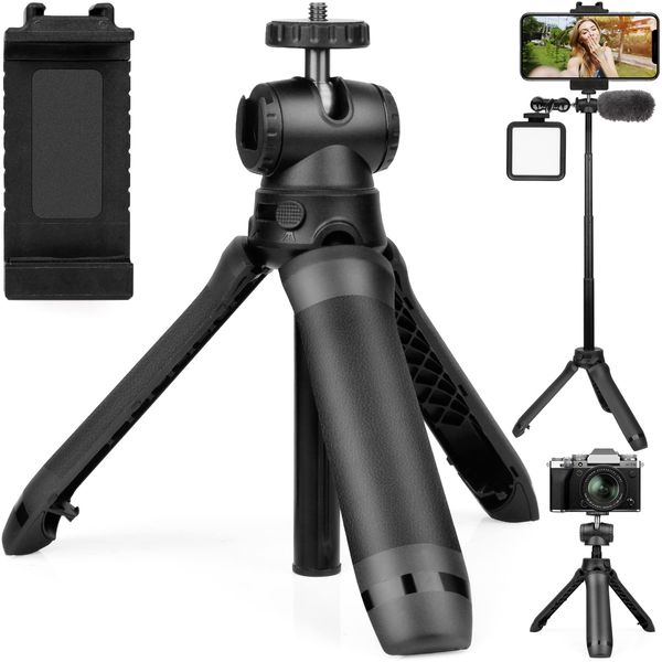 Mini Stativ für Smartphone Kamera Selfie Stick Stativ mit Handy Halterung Tisch Vlogging Stativ mit 1/4'' Schraube,Cold Shoe Mount, 1/4 Gewinde Loch Kompatibel mit iPhone/Kamera/DLSR/Smartphone/Gopro