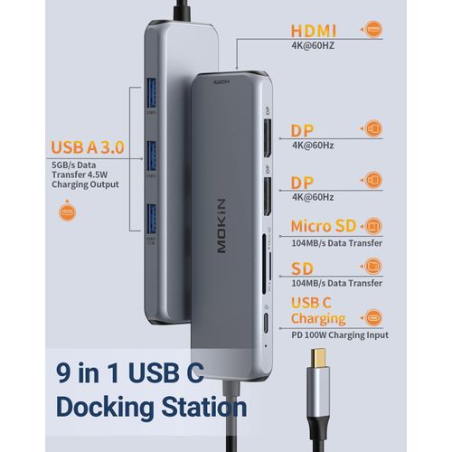 USB C Docking Station Dual DisplayPort, 9 in 1 Laptop Docking Station Dual Monitor Adapter USB C Hub with 2 DP, HDMI, 3 USB 3.0, PD 100W, SD&TF for Dell/HP/MacBook/Surface