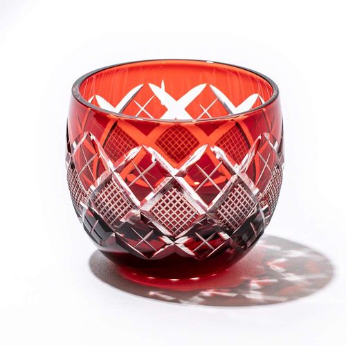 Taimuro Koubou Official Edo Kiriko Yarai Uoko Crest Guinomi (Red), Wooden Box, Made in Japan