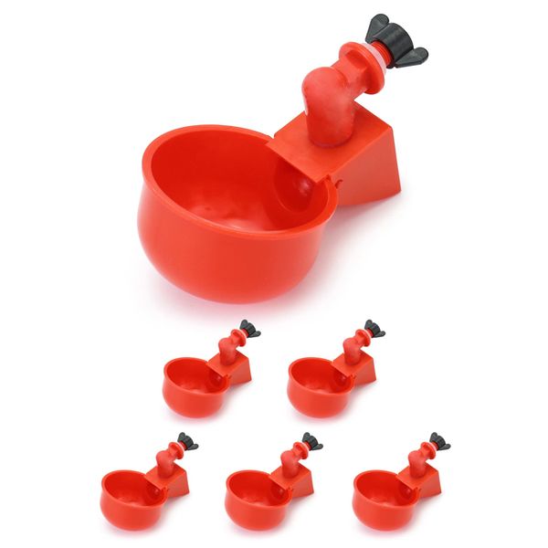 QWORK® 6PCS Automatic Poultry Drinker, Red Plastic Chicken Water Dispenser for Buckets Boxes Troughs 3/8 Inch Thread
