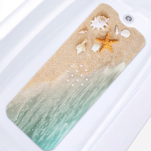 Culudea Beach Starfish Shells Bath Mat for Tub Non Slip, Blue Sea Ocean 40 X 16 Inch Extra Long Bathtub Mat for Tub Anti Slip with Suction Cups and Drain Holes for Kids Adults Elderly