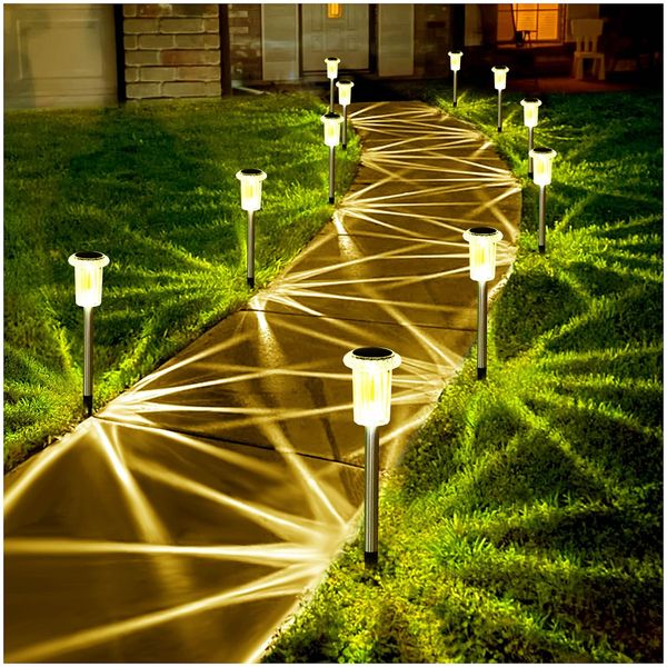 Gorrzai Solar Outdoor Lights 10 Pack Pathway Solar Lights LED Waterproof Stainless Steel Garden Stake for Pathway, Walkway, Sidewalk, Driveway, Lawn (Warm White)