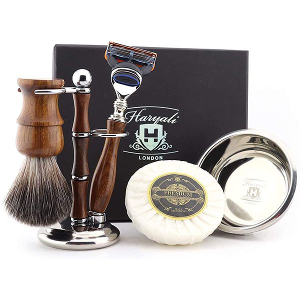 Shaving Kit – 5 Pc Wooden Shaving Kit – 5 Edge Shaving Blade Shaving Razor - Super Badger Hair Shaving Brush – Shaving Soap – Shaving Bowl – Stand -