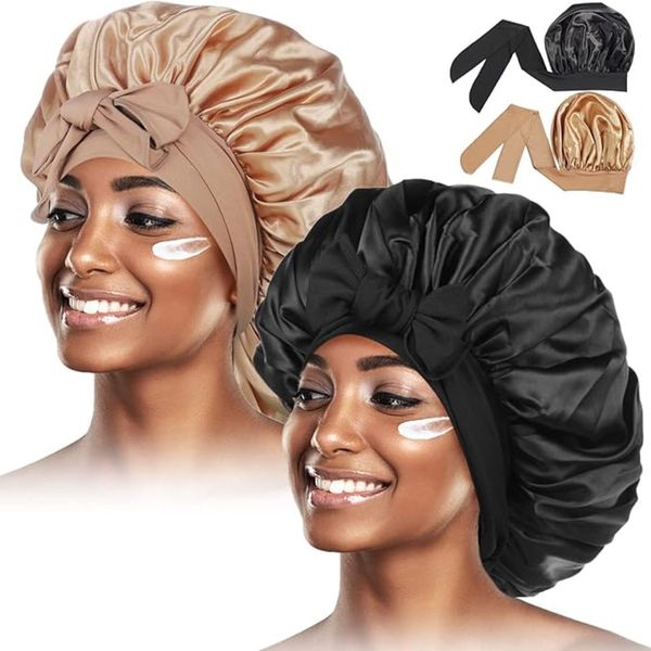 EOGRFW 2PCS Satin Bonnet for Black Women,Jumbo Hair Bonnet,Adjustable Silk Bonnet Satin Cap for Sleeping,2 Pack Shower Caps (Black+Gold)