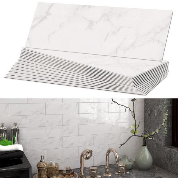 BeNice Peel and Stick Backsplash for Kitchen Walls Tile Stickers Waterproof Marble Tile 3.85"x11.73"(16Tiles) Carrara White