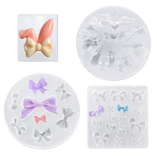 Samcos Set of 4 Ribbon Silicone Molds, Square Bow, Bow, Rabbit Ears Ribbon, Candy Mold, UV Resin, Clay, Soft Mold, DIY, Pendant, Earrings, Hair Clips, Accessories, Resin Crafts, Deco Parts, Handmade