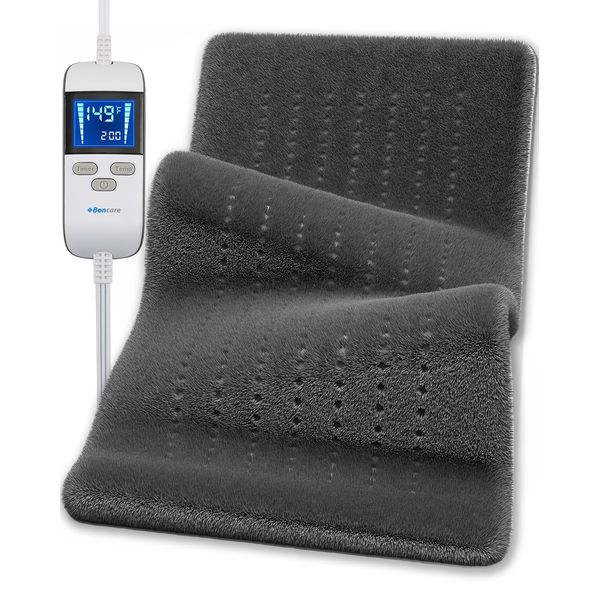 Boncare® LCD Digital Control 12” x 24” Heating Pad for Back Pain Relief and Cramps with Auto Shut Off Large Size 6 Temperature Settings 6 Timers Super Soft Moist/Dry Heat (Carbon Gray, 12"x24")