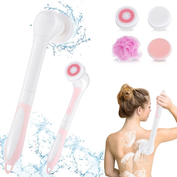 Bestcool Electric Body Brush Set, Waterproof Bath Brush 2 Speeds USB Back Scrubber Lengthen Handle with 4 Spin Brush Heads Foaming Bath Ball Silicone Massage Head for Deep Cleaning and Relaxing(Pink）