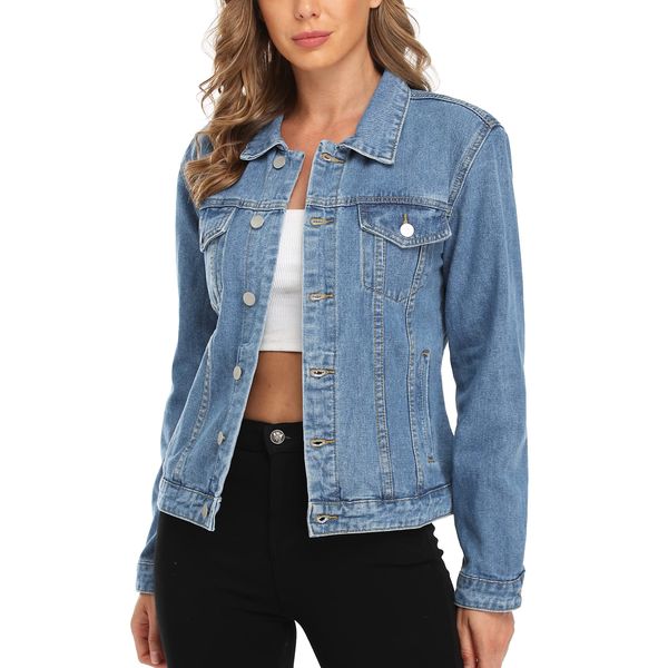 MISS MOLY Women's Denim Jackets Casual Long Sleeve Jean Jacket with Pockets Blue M