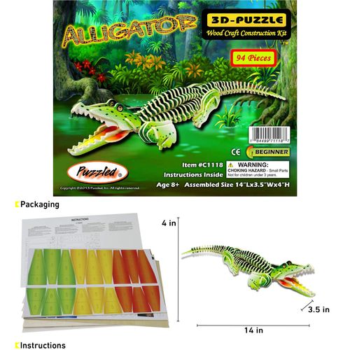 Puzzled 3D Puzzle Colorful Alligator Wood Craft Construction Kit Fun Unique and Educational DIY Wooden Animal Toy Assemble Model Pre-Colored Crafting Hobby Puzzle to Build & Decoration 94 Pieces Pack
