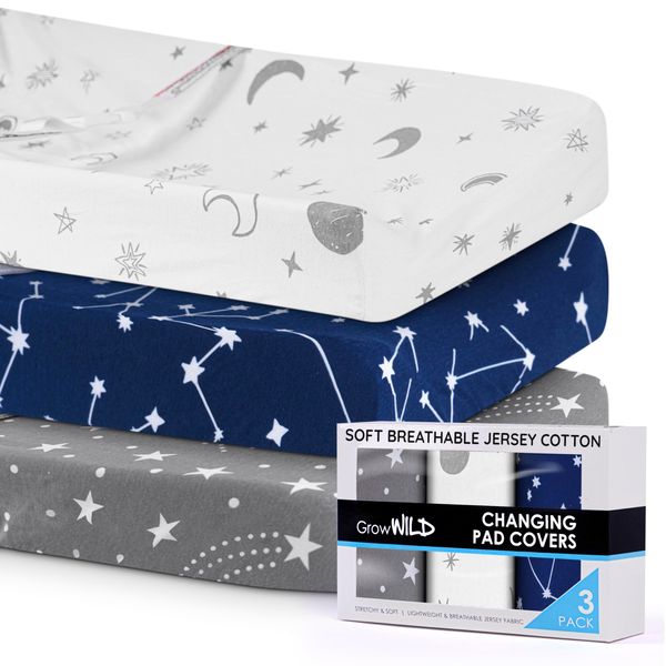 GROW WILD Changing Pad Cover 3 Pack | Soft & Stretchy Jersey Cotton | Baby Changing Table Pad Cover | Diaper Changing Pad Covers for Girls or Boys | Wipeable Sheets | Grey White Navy Blue Stars Moons