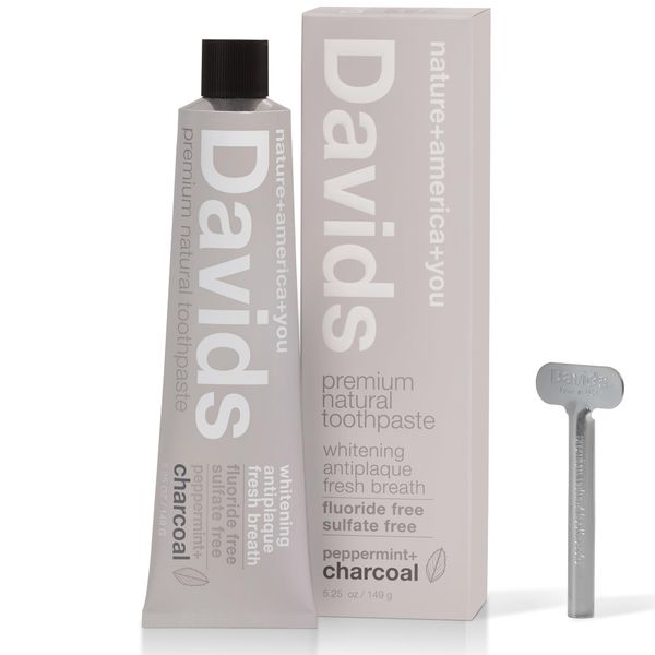 Davids Natural Charcoal Toothpaste for Enhanced Teeth Whitening, Peppermint, Antiplaque, Flouride Free, SLS Free, Enamel Safe, Toothpaste Squeezer Included, Recycable Metal Tube, 5.25oz