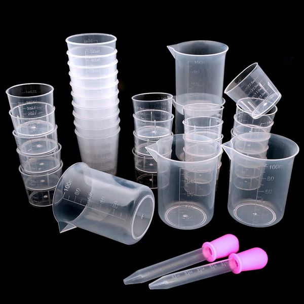 YuChiSX 35 Pack DIY Clear Plastic Measuring Cups,Kitchen Lab Clear Plastic Graduated Beaker Measuring Cups Tool for Mixing Paint, Stain, Epoxy, Resin