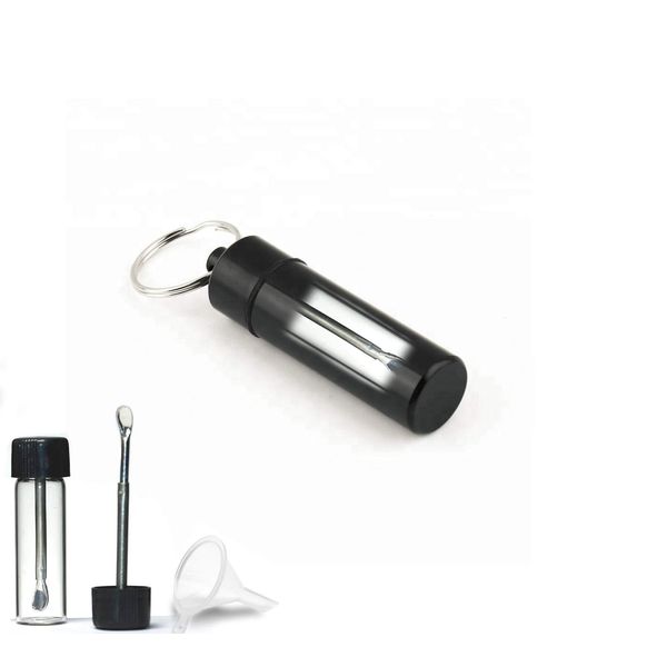 ASIO Glass Vial with Snuff Spoon in Waterproof Aluminum Pill Case | Small Glass Bottle with Mini Funnel in Keychain Pill Holder for Outdoor Travel (Black)