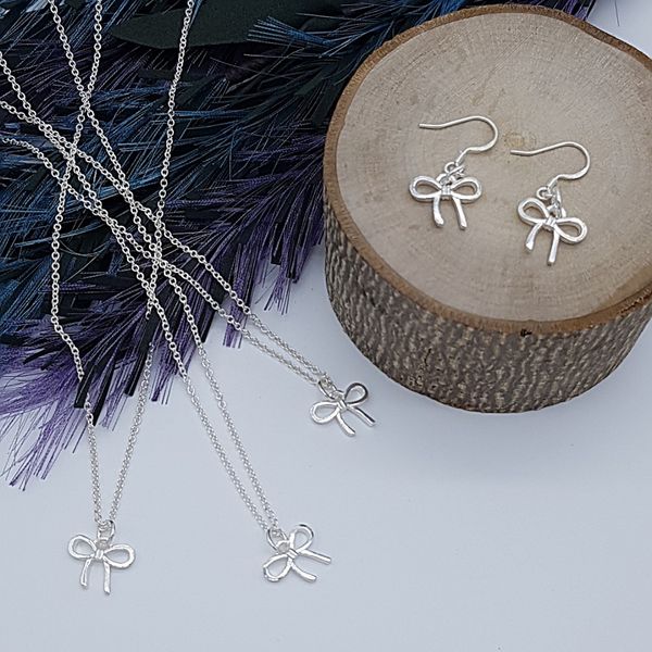 (all 925 silver) 35cm, 45cm, 60cm Ribbon Pendant 925 Silver Necklace &amp; Ribbon Pendant 925 Silver Earrings Set