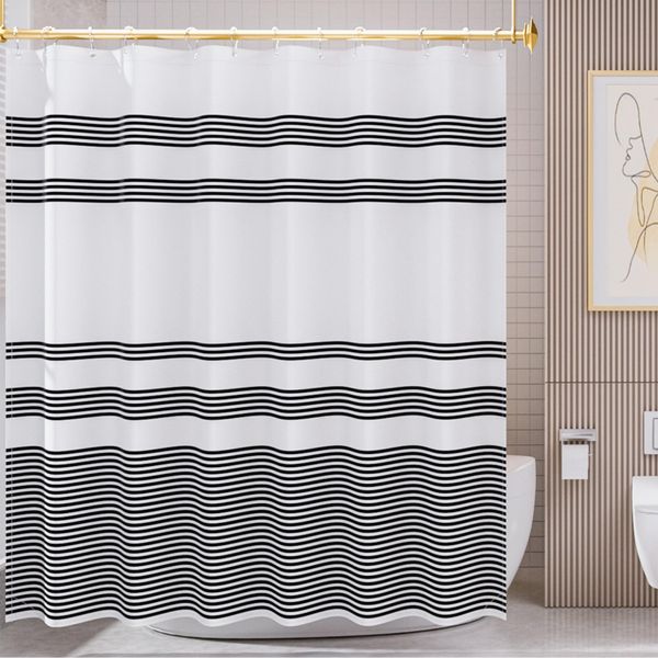 AmazerBath Shower Curtain, Washable Cloth Black Shower Curtain Sets with 12 Shower Curtain Hooks, Fabric Rustic Black and White Striped Shower Curtain, Farmhouse Bathroom Shower Curtain, 72x72 Inches