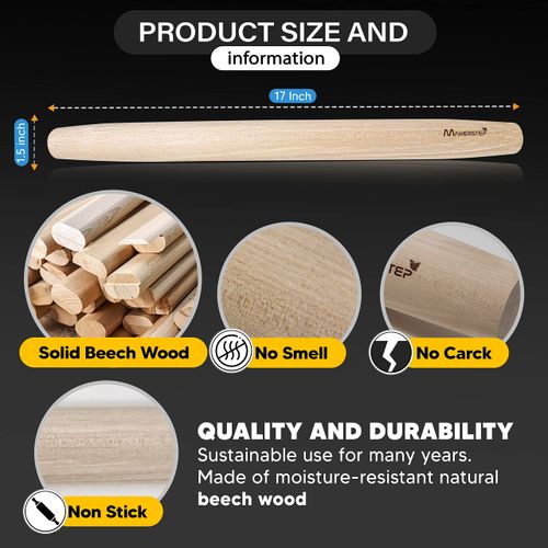 Makerstep French Wooden Rolling Pin 17 Inches, Natural Wooden Rolling Pin for Baking Pizza Dough, Cookie, Pastry, Pie Crust. Smooth Nonstick Surface
