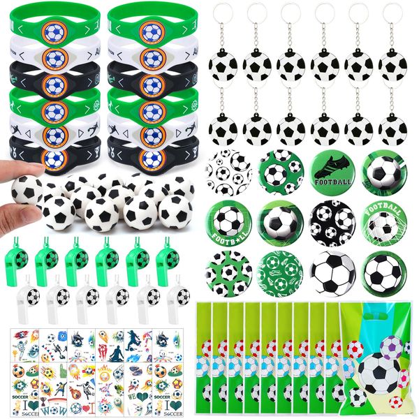 G.C Football Party Bags Fillers Party Favours with Bouncy Balls Brooches Whistles Keyring Silicone Bracelet Gift Bags for Football Pinata Party Supplies Party Bag Fillers for Kids Unisex 84 PCS