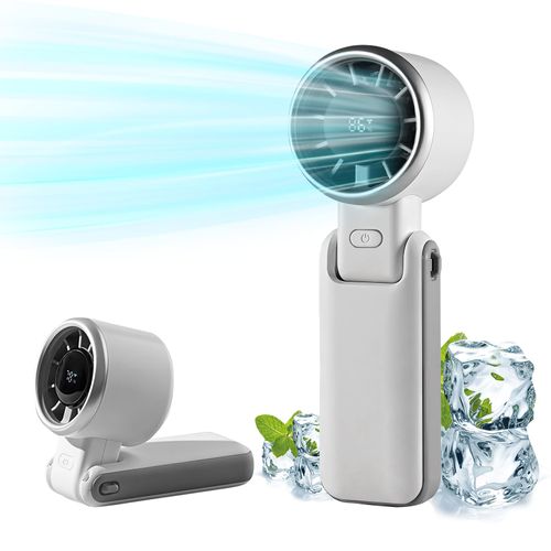 Lilampts Portable Handheld Turbo Fan with Digital Display and 180° Folding Design, 5 Speeds Adjustable USB Rechargeable Hand Held Personal Fan for Travel, Outdoor, Summer Gifts for Women Men(White)