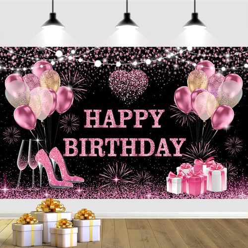 YinQin 180x120 cm Pink Gold Happy Birthday Backdrops Cloth 71x47 in. Birthday Photography Backgrounds Glitter Black Rose Gold Birthday Banners Rose Gold Happy Birthday Sign Decoration for Women Girl