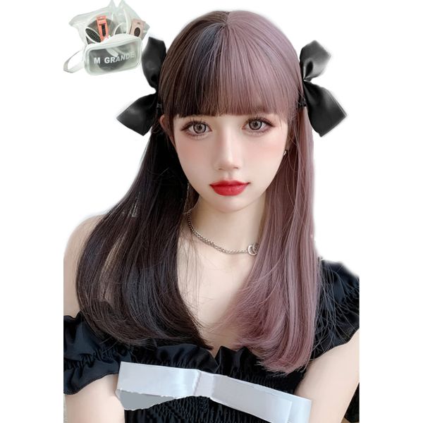 M Grande DY41A Creative Line Wig, Created by Top Stylist, 6-Piece Set, High Tone Color, Women's Wig, Bob, Semi-Long, Face Shrinking, Full Wig, (Black and Pink)