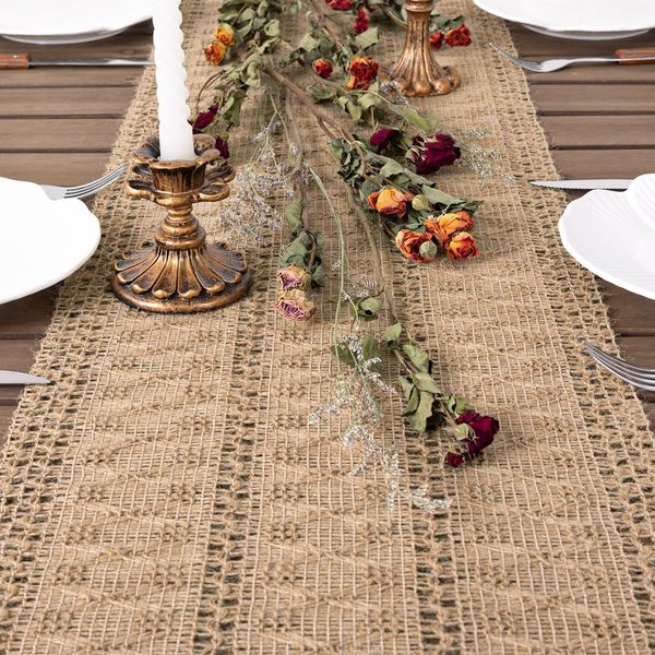 Dremisland Boho Table Runner Macrame Farmhouse 72 Inch Woven Burlap Rustic Fall Table Runner Brown Table Cover Autumn Table Decoration for Bohemian Kitchen Dining Table (Jute, 30 x 180 cm)