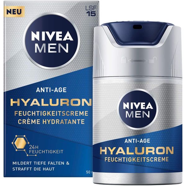 Nivea Men Anti-Age Hyaluronic Moisturising Cream (50 ml), Face Cream with SPF 15, Smooths Even Deep Wrinkles, Fast Absorbing Face Care Cream with Hyaluronan