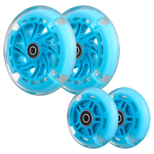 Front 120mm & Rear 80mm Light-Up Flashing 3-Wheeled kid Scooter Replacement Wheels, Complete Wheels Set for 3-Wheeled Kid Push Scooter, Set of 4 (Blue)