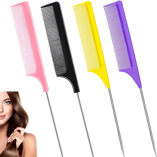 Comb 4PCS Hair Comb Colorful Tail Comb with Stainless Steel Handle