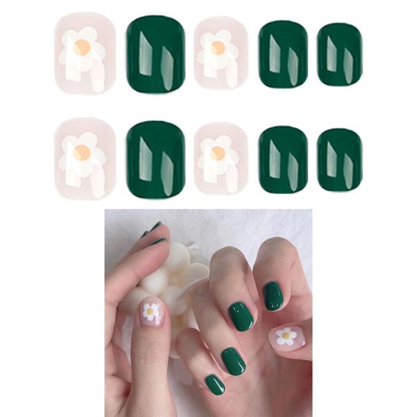 Kaichen French Press On Nails Square, Green/White Flower Press On Nails Short, Includes 24 Nails, 24 Adhesive Tabs, 1 Manicure Stick, 1 Mini File