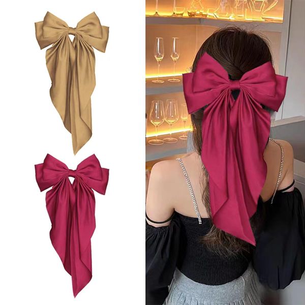 2Pcs Big Bow Hair Clips, Long Tail French Hair Bows for Women Girls, Satin Silky Bow Hair Barrette, Bow Up Accessories for Holiday day,Daily Use (Champagne Gold and Red)