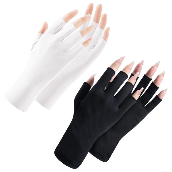 SSKHE UV Gloves for Gel Nails,2 Pairs UV Protection Gloves,Women UV Protection Fingerless Glove,for Nail Lamp Skin Care Fingerless Gloves Protect Hands from UV Harm(Black and White)