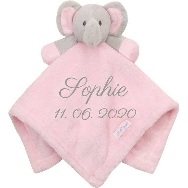 Wuff-Dogsworld Baby Kuscheltuch VIELE Modelle mit Namen Bestickt Geschenk Taufe Geburt Schmusetuch Schnuffeltuch Trösterchen Junge Mädchen (Elefant rosa)