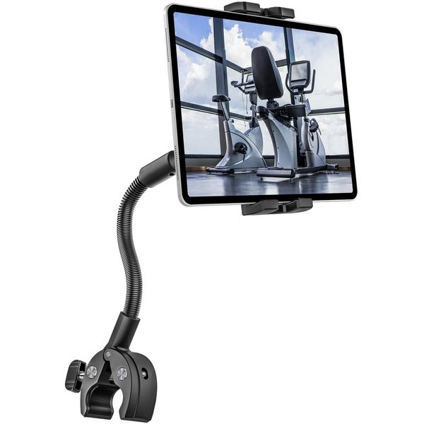 woleyi Gooseneck Treadmill Tablet Holder, Exercise Bike Handlebar Clamp for Spin Bike Peloton, Indoor Stationary Bicycle, Elliptical, Stroller for 4.7-13" iPad Pro Air Mini, Phone, Galaxy, Fire, Ebook