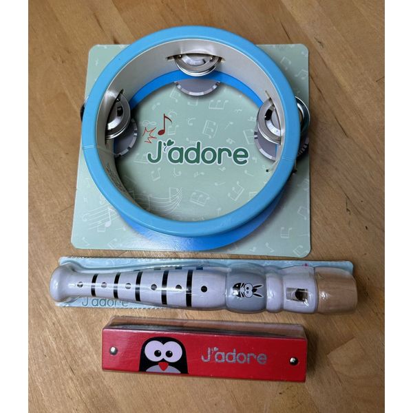 Lot of 3x Wooden Musical Instrument Toys NEW Kids Tambourine Harmonica Recorder
