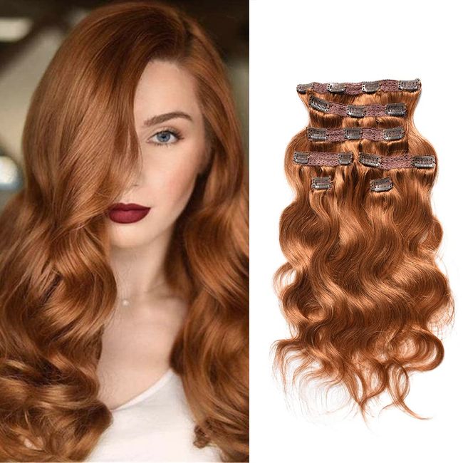 viviaBella Clip in Body Wave Human Hair Extensions 20 Inches Copper Red Color Virgin Hair Double Weft 7Pcs/lot 120g/set 16 Clips for Girls Beauty (120g 20", Copper Red)